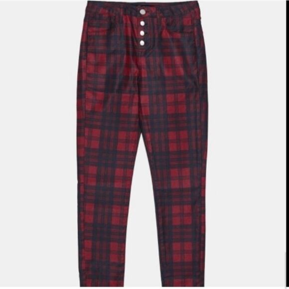 Zara Red and Black Plaid Check Skinny Pants Jeans Trousers Size - Picture 6 of 7